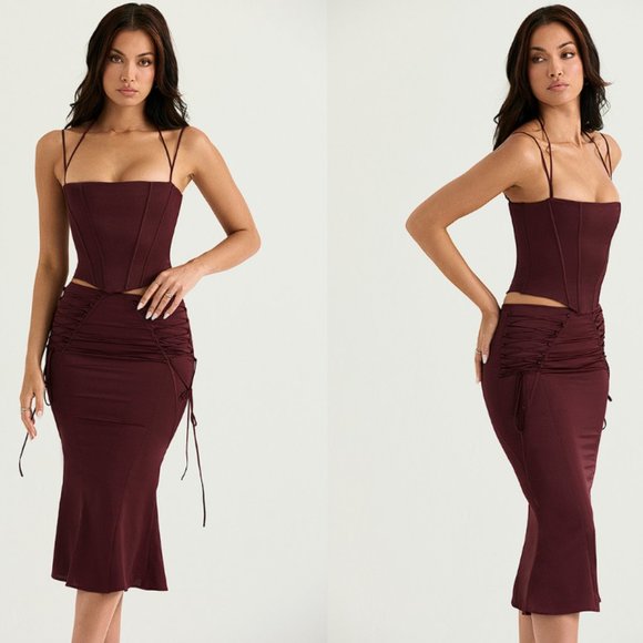 House of CB ‘Sidonie’ Wine Satin Lace Up Skirt NWOT - Picture 3 of 9
